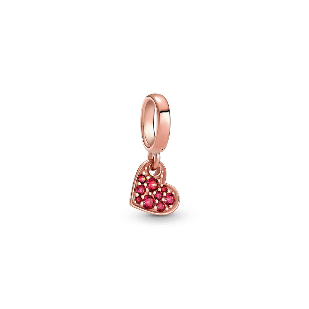 PANDORA Red Pavé Tilted Heart Dangle Charm 14K Rose Gold Plated Unique Metal Blend Charms Bracelet Charm Jewelry Gift