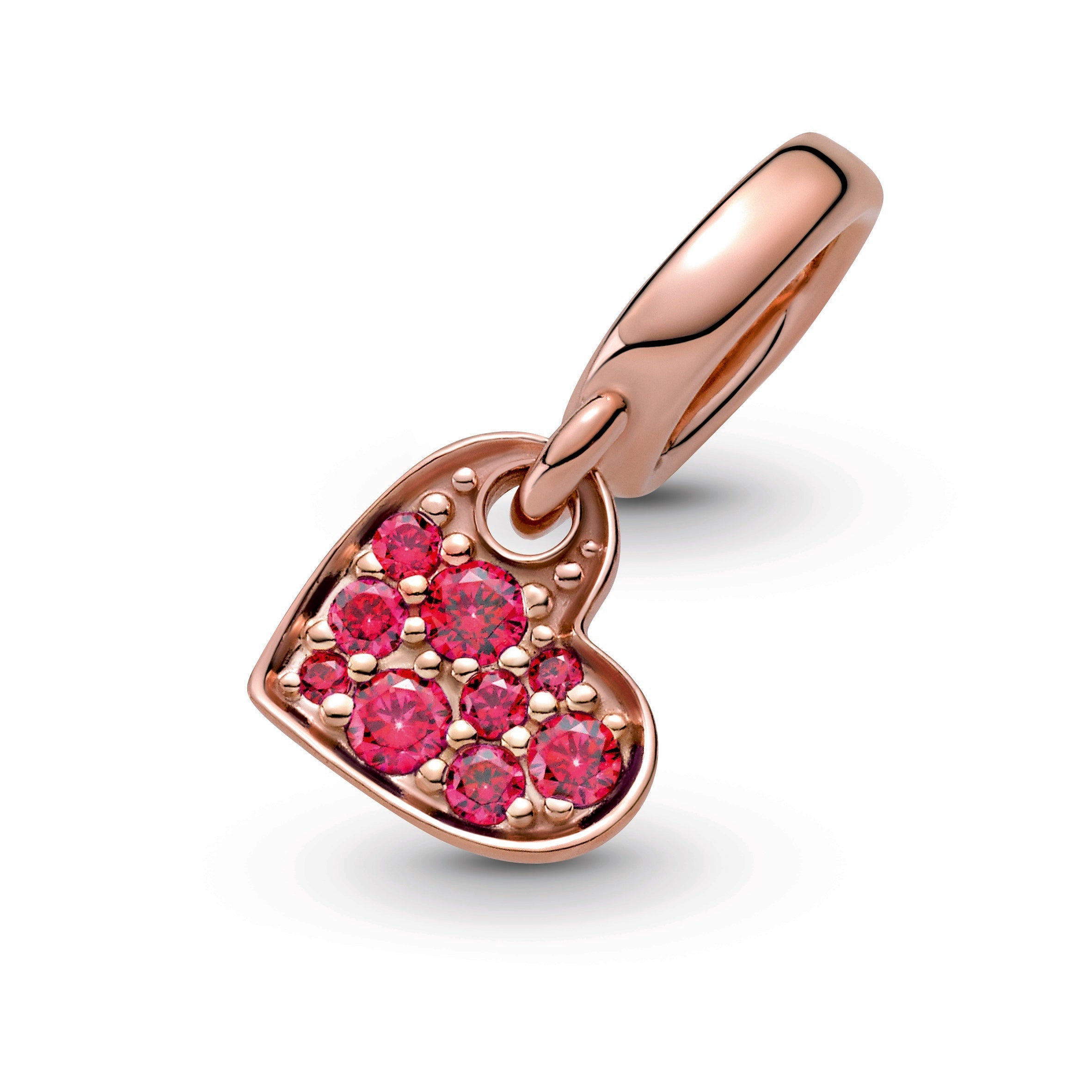 PANDORA Red Pavé Tilted Heart Dangle Charm 14K Rose Gold Plated Unique Metal Blend Charms Bracelet Charm Jewelry Gift