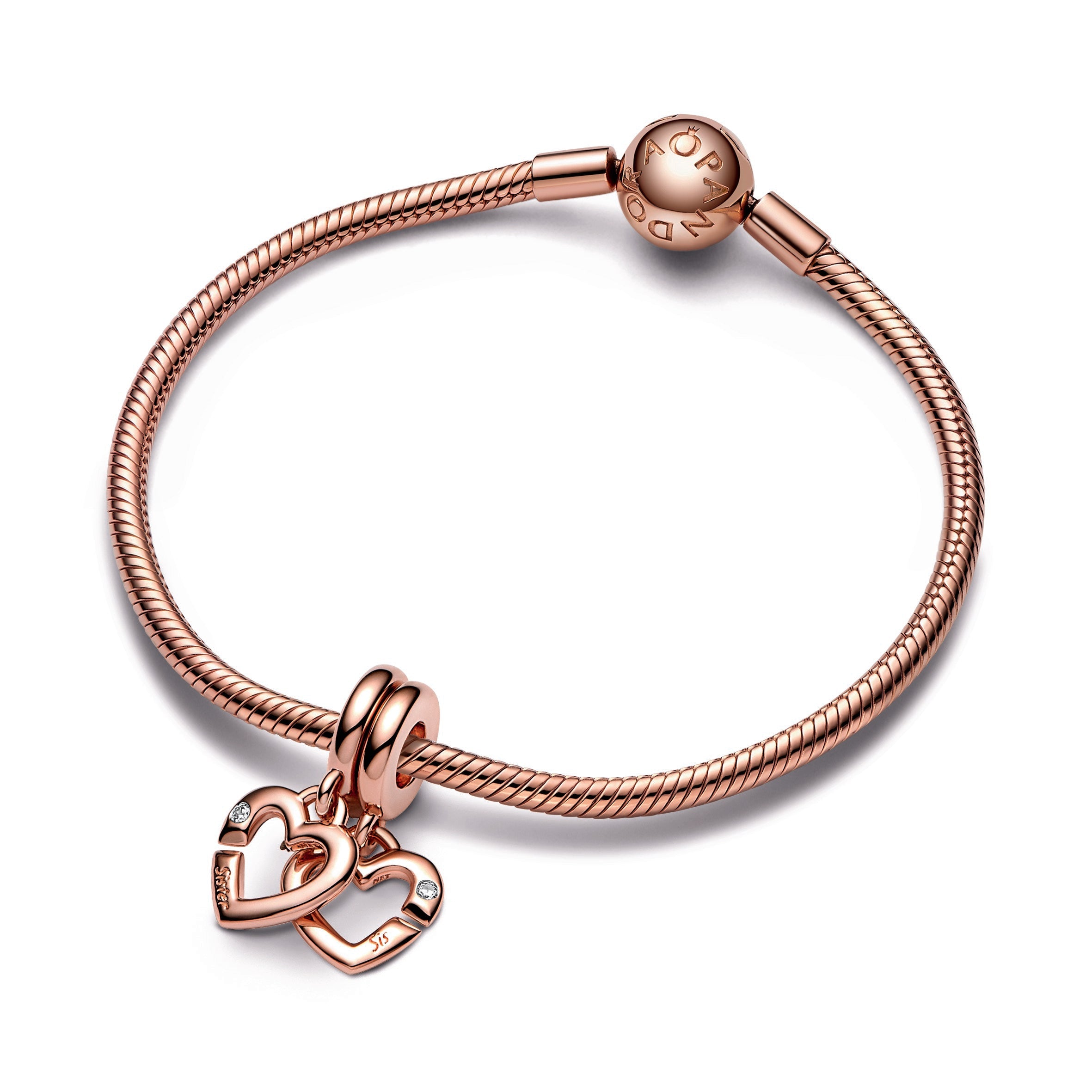 PANDORA Linked Sister Hearts Split Dangle Charm 14K Rose Gold Plated Unique Metal Blend Charms Bracelet Charm Jewelry Gift