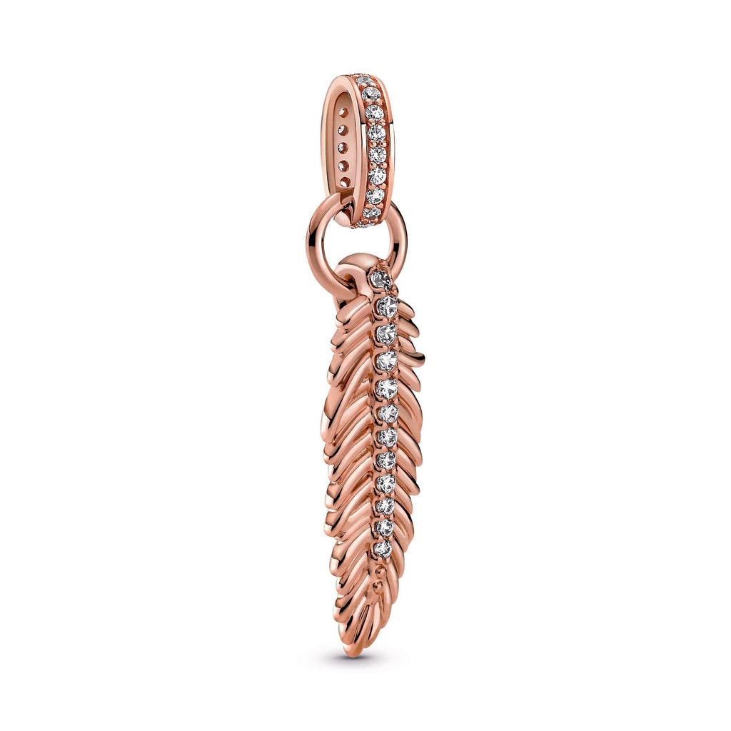PANDORA Sparkling Feather Dangle Charm 14K Rose Gold Plated Unique Metal Blend Charms Bracelet Charm Jewelry Gift