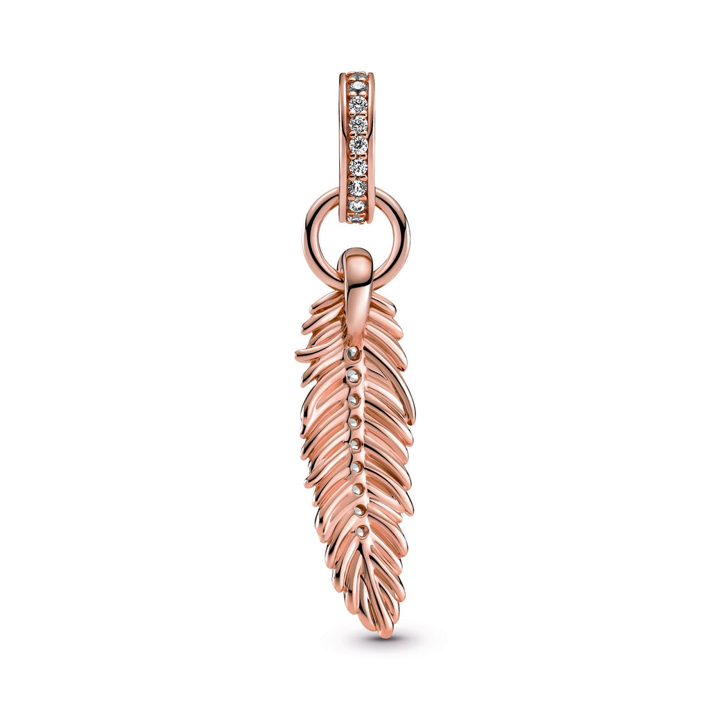 PANDORA Sparkling Feather Dangle Charm 14K Rose Gold Plated Unique Metal Blend Charms Bracelet Charm Jewelry Gift