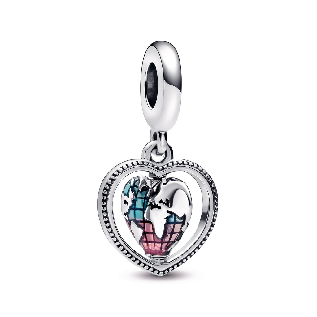 PANDORA Family Spinning Heart Globe Dangle Charm Enamel Charms Bracelet Charm Jewelry Gift