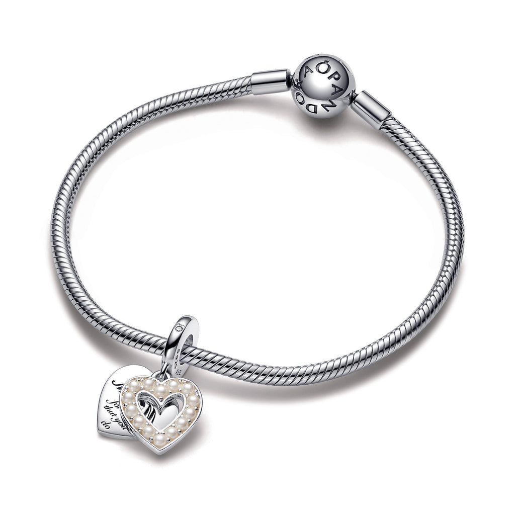 PANDORA Pearlescent White Heart Double Dangle Charm Silver Mothers Day Charms Bracelet Charm Jewelry Gift
