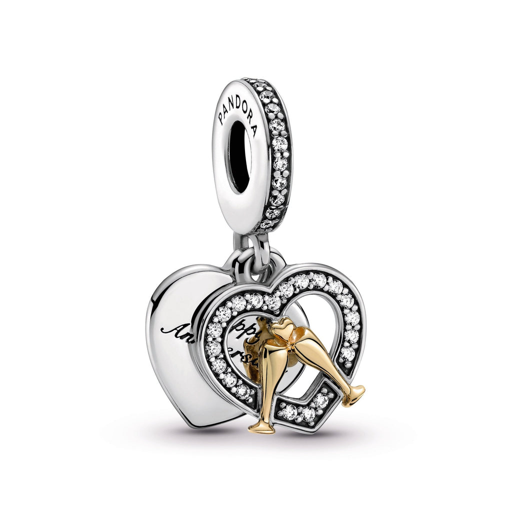PANDORA Two-tone Happy Anniversary Dangle Charm 14K Gold Love Charms Bracelet Charm Jewelry Gift