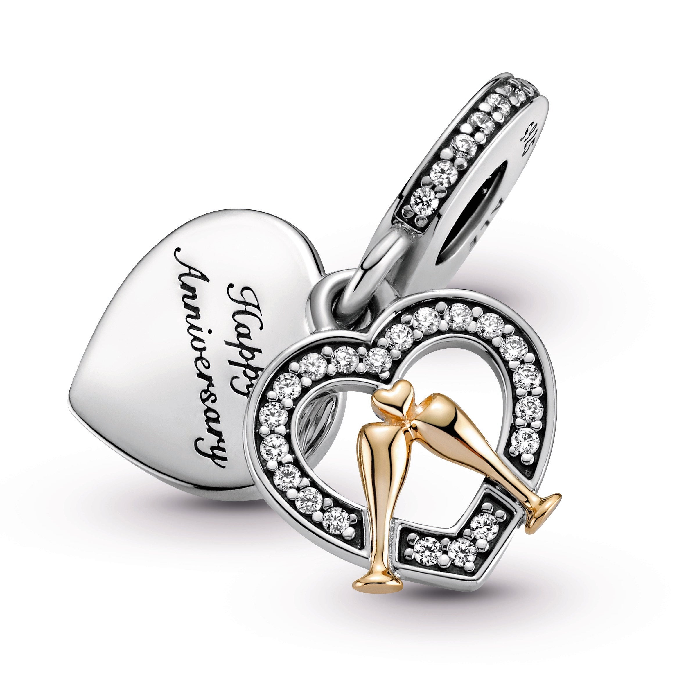 PANDORA Two-tone Happy Anniversary Dangle Charm 14K Gold Love Charms Bracelet Charm Jewelry Gift