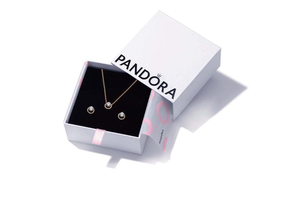 PANDORA Round Halo 14K Gold-Plated Necklace And Earring Gift Set Giftsets Statement Ring Jewelry Gift