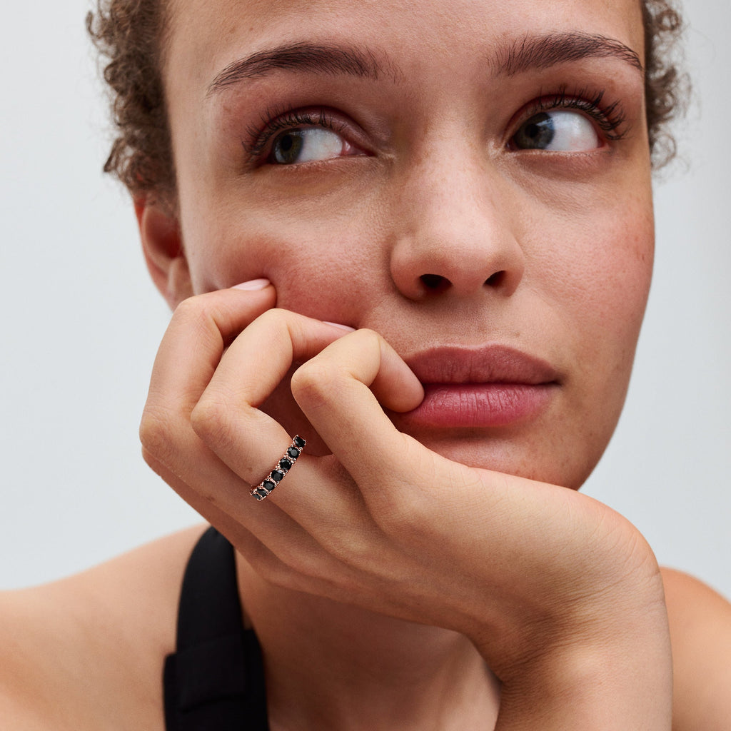 PANDORA Black Sparkling Row Eternity Ring 14K Rose Gold Plated Unique Metal Blend Rings Statement Ring Jewelry Gift