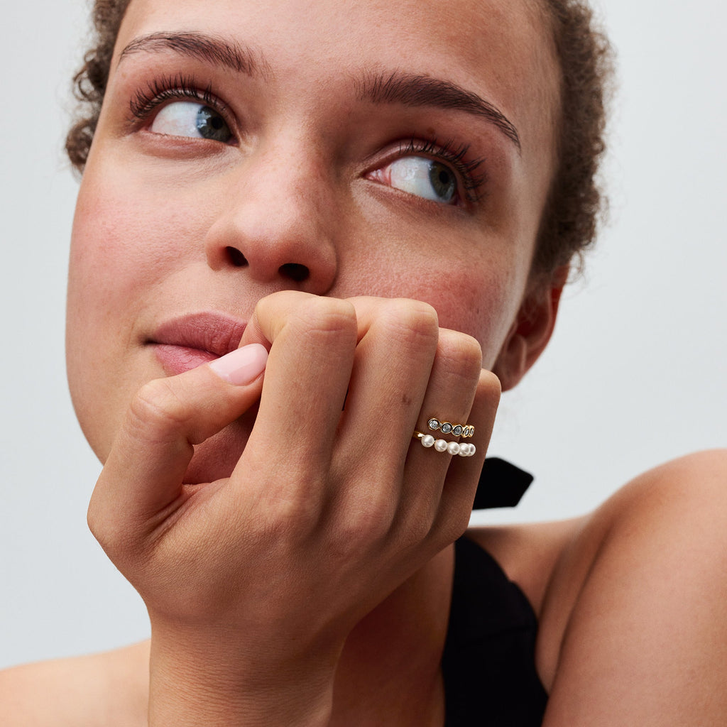 PANDORA Treated Freshwater Cultured Pearls And Stones Open Ring 14K Gold Plated Unique Metal Blend Rings Statement Ring Jewelry Gift