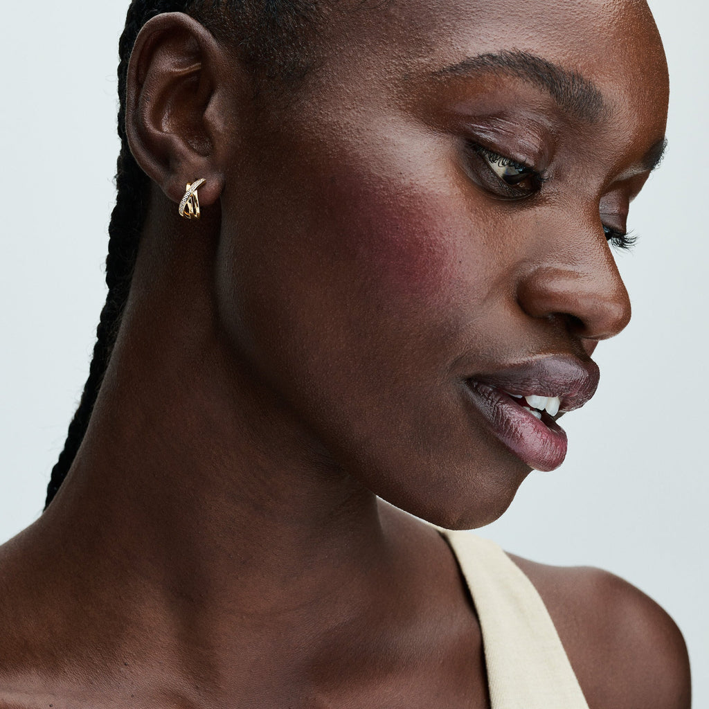 PANDORA Crossover Pavé Hoop Earrings 14K Gold Plated Unique Metal Blend Statement Ring Jewelry Gift
