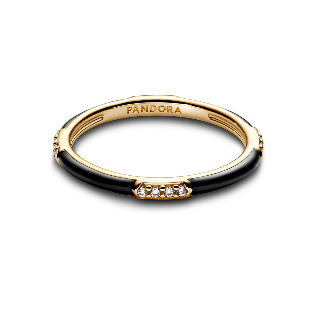 PANDORA Black Enamel And Stones Ring 14K Gold Plated Unique Metal Blend Symbols Rings Statement Ring Jewelry Gift