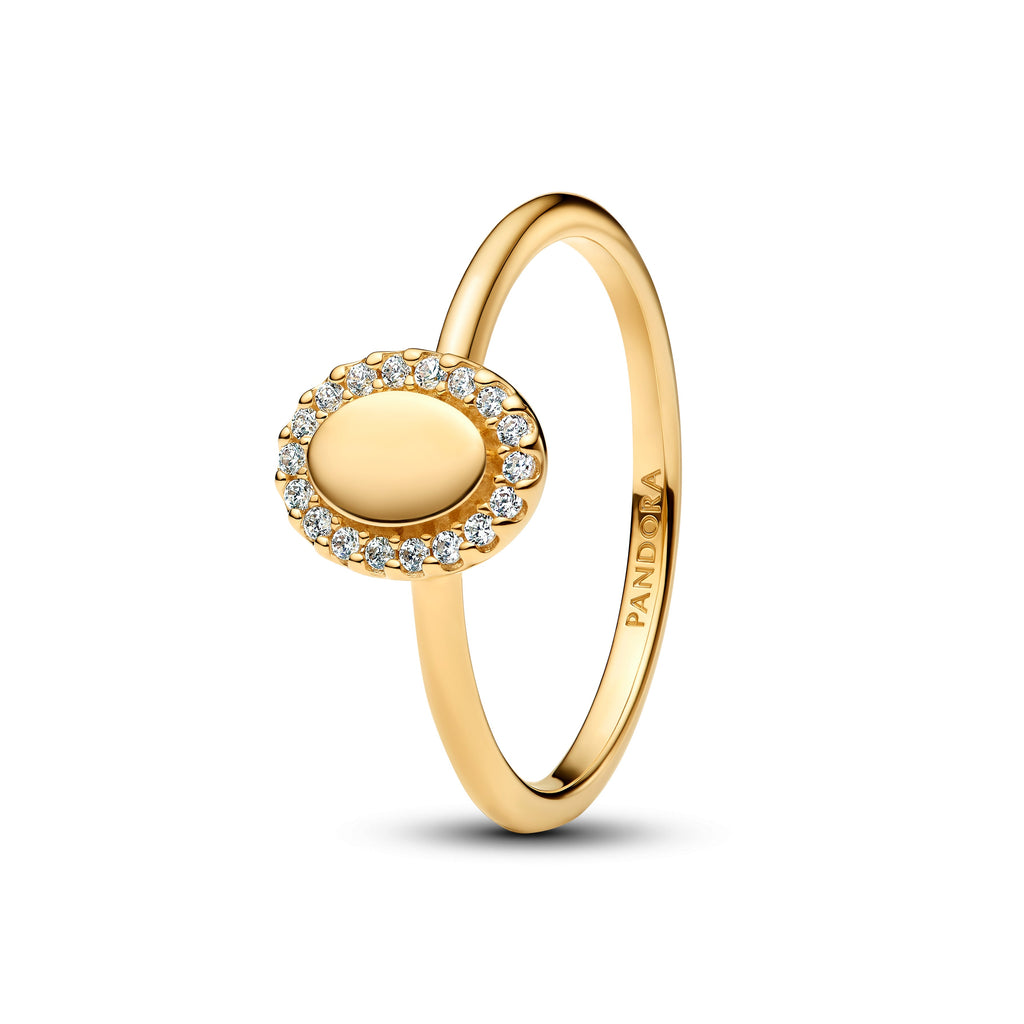 PANDORA Engravable Oval Halo Ring 14K Gold Plated Unique Metal Blend Weddings Rings Statement Ring Jewelry Gift