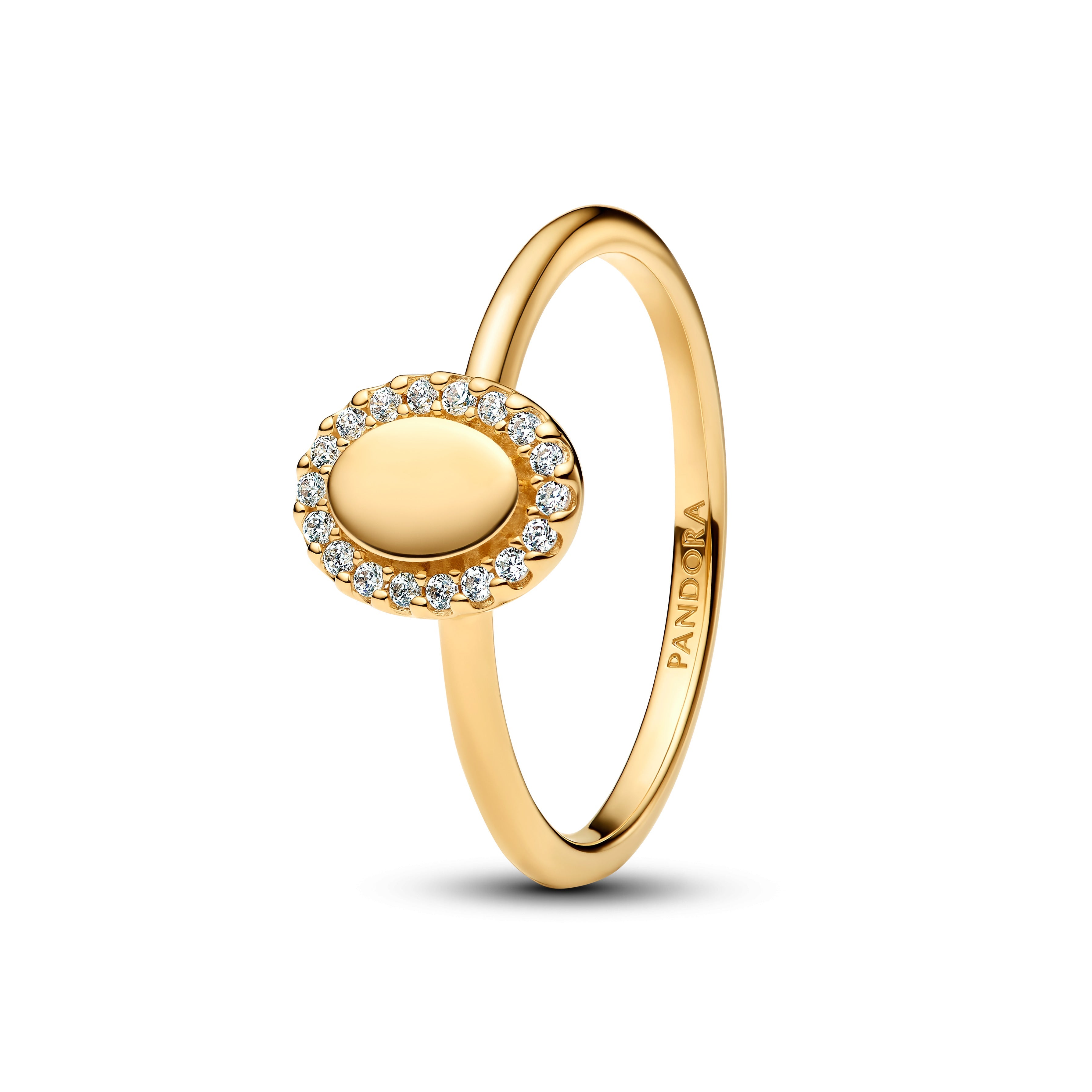 PANDORA Engravable Oval Halo Ring 14K Gold Plated Unique Metal Blend Weddings Rings Statement Ring Jewelry Gift