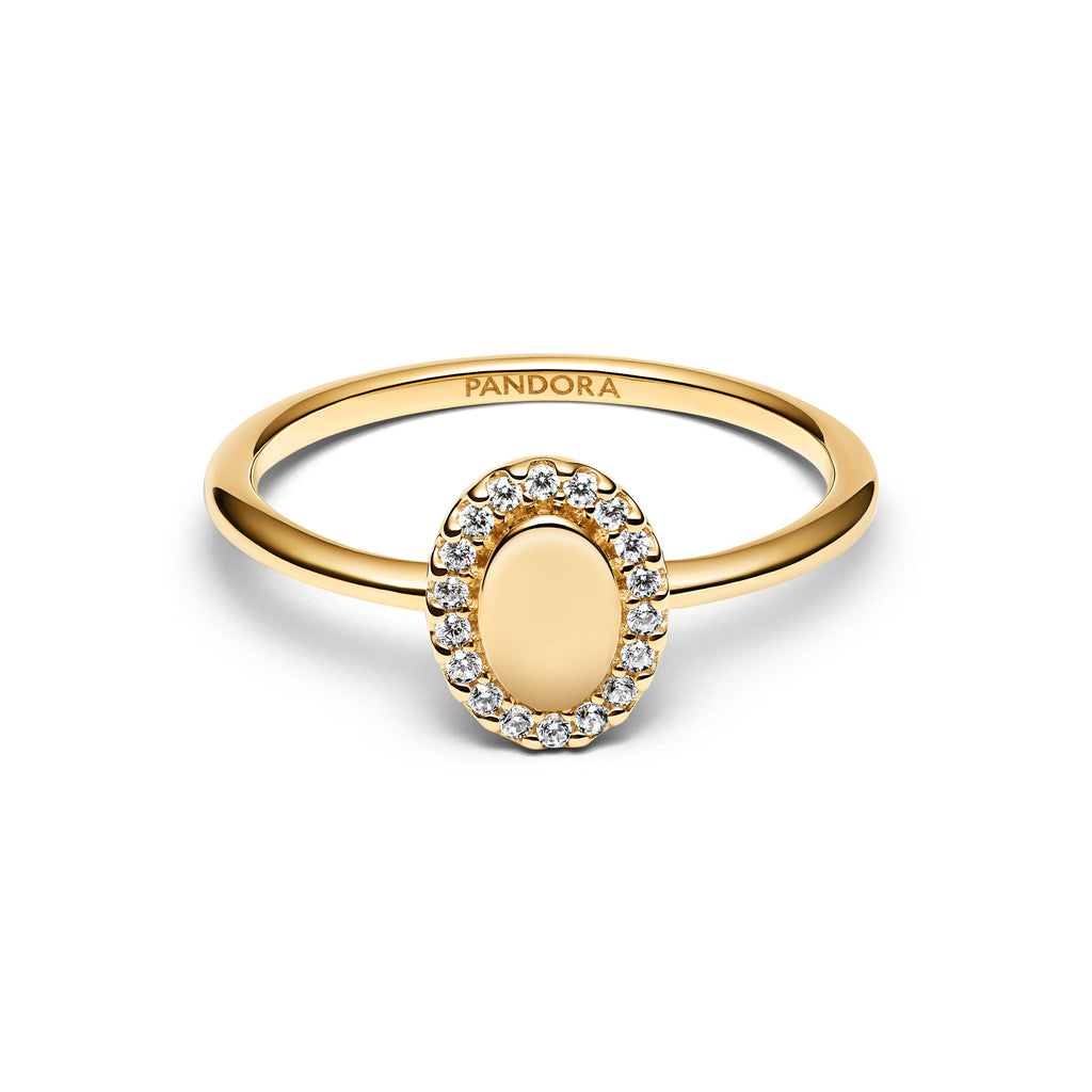 PANDORA Engravable Oval Halo Ring 14K Gold Plated Unique Metal Blend Weddings Rings Statement Ring Jewelry Gift