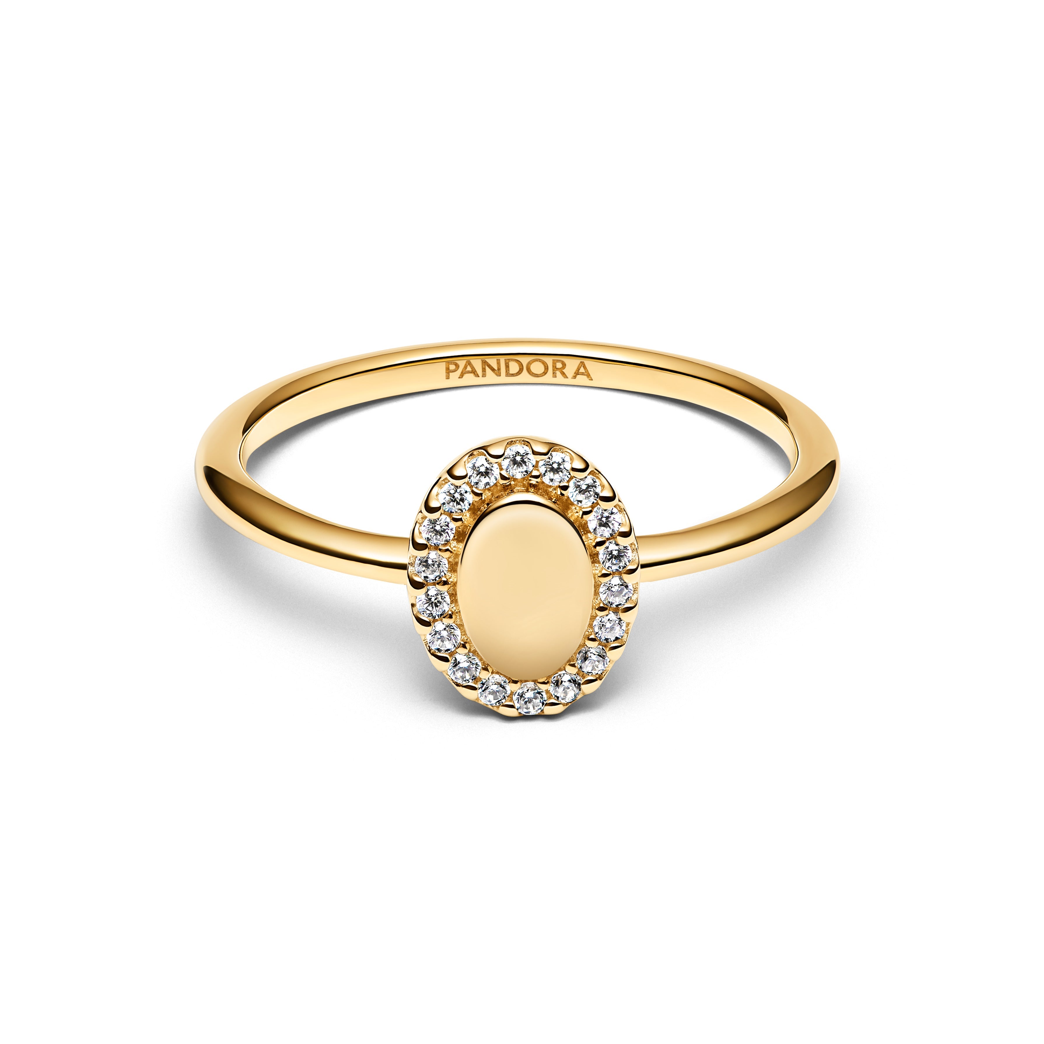 PANDORA Engravable Oval Halo Ring 14K Gold Plated Unique Metal Blend Weddings Rings Statement Ring Jewelry Gift