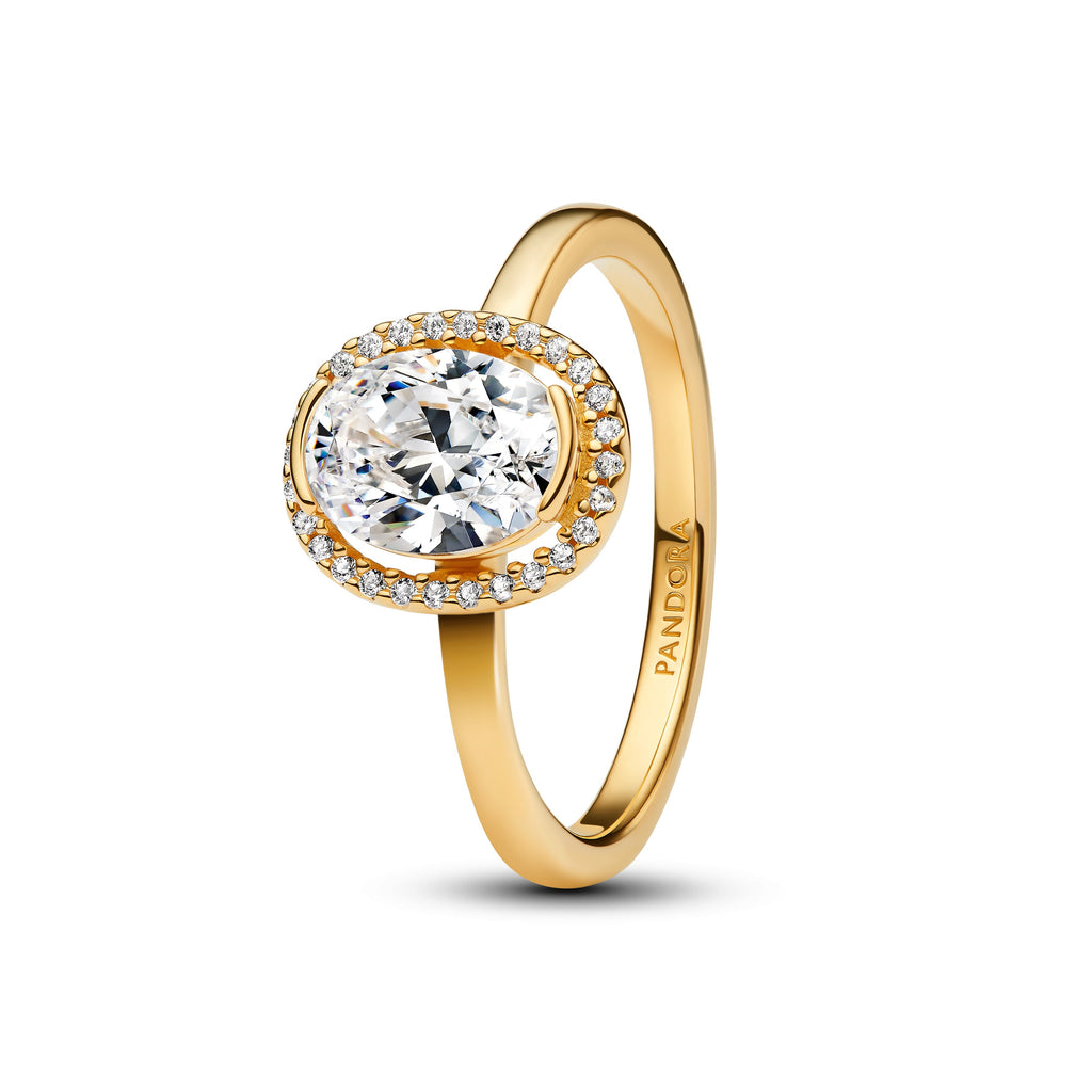 PANDORA Oval Sparkling Halo Ring 14K Gold Plated Unique Metal Blend Weddings Rings Statement Ring Jewelry Gift