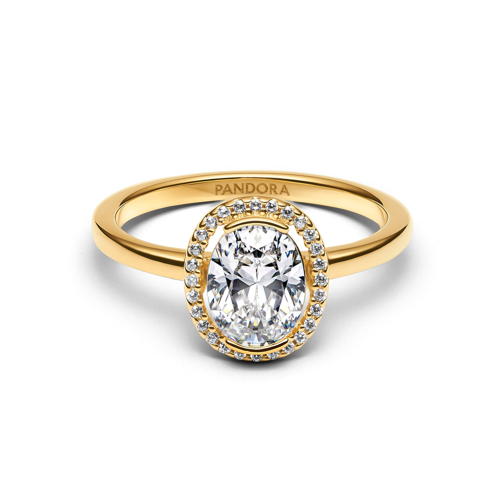 PANDORA Oval Sparkling Halo Ring 14K Gold Plated Unique Metal Blend Weddings Rings Statement Ring Jewelry Gift