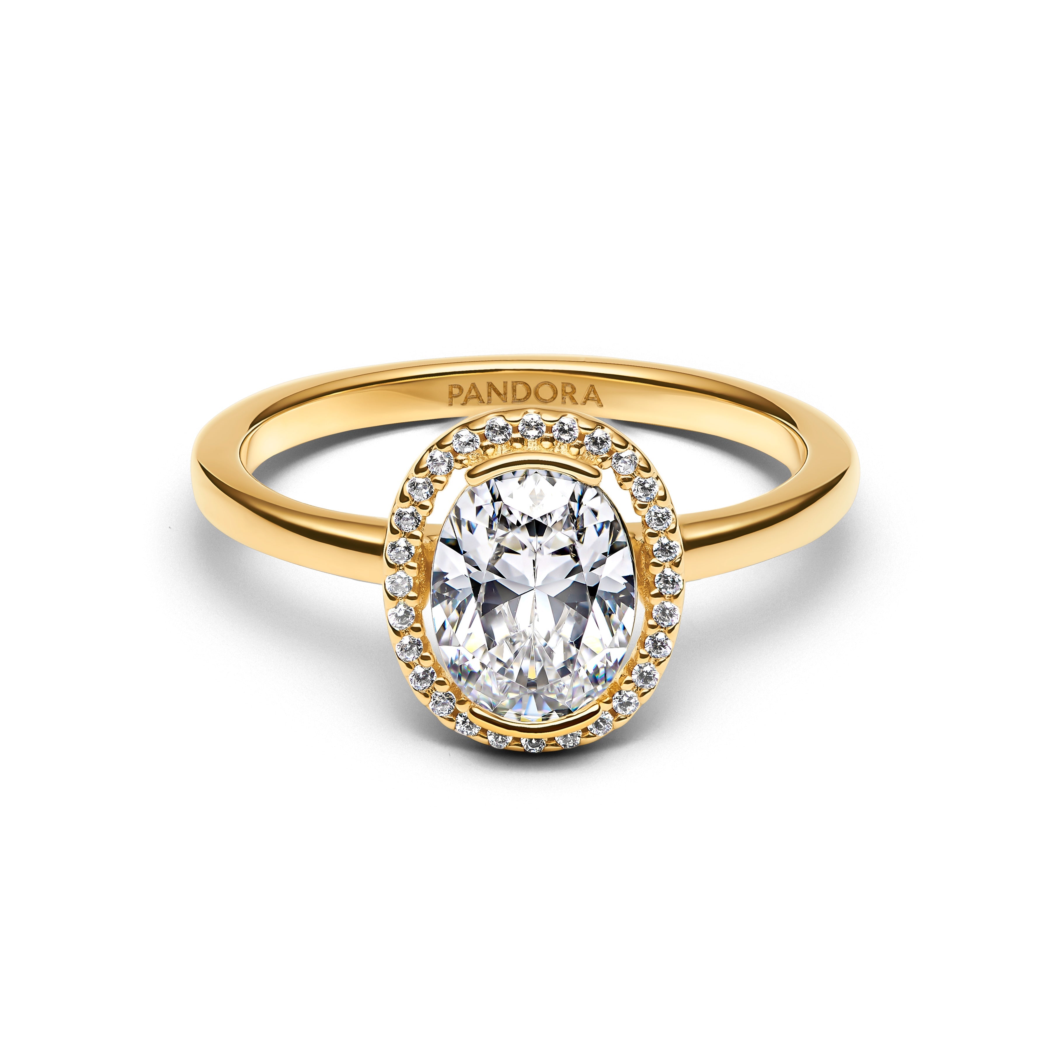 PANDORA Oval Sparkling Halo Ring 14K Gold Plated Unique Metal Blend Weddings Rings Statement Ring Jewelry Gift