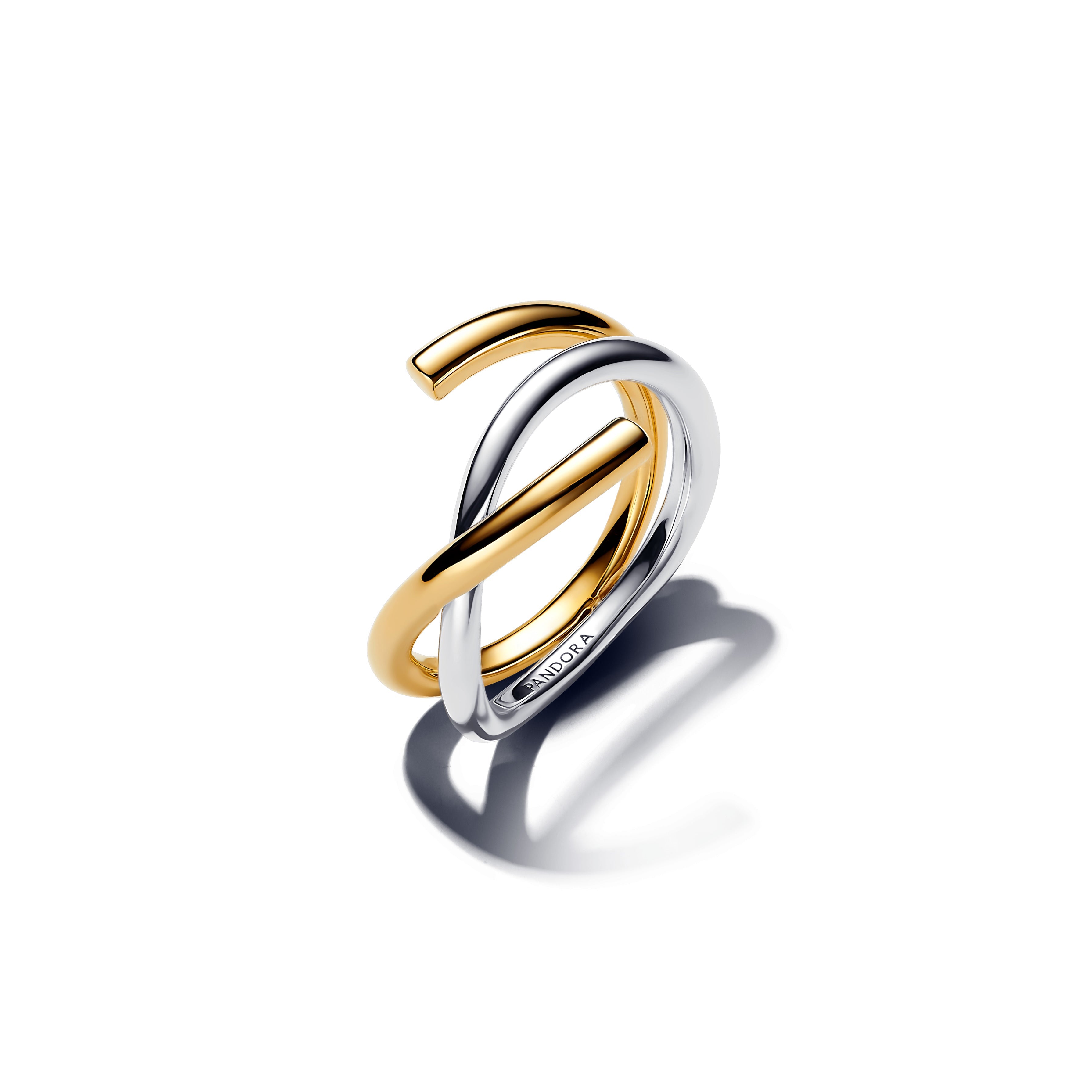 PANDORA Organically Shaped Two-tone Double Ring 14K Gold Plated Unique Metal Blend Summer Rings Statement Ring Jewelry Gift