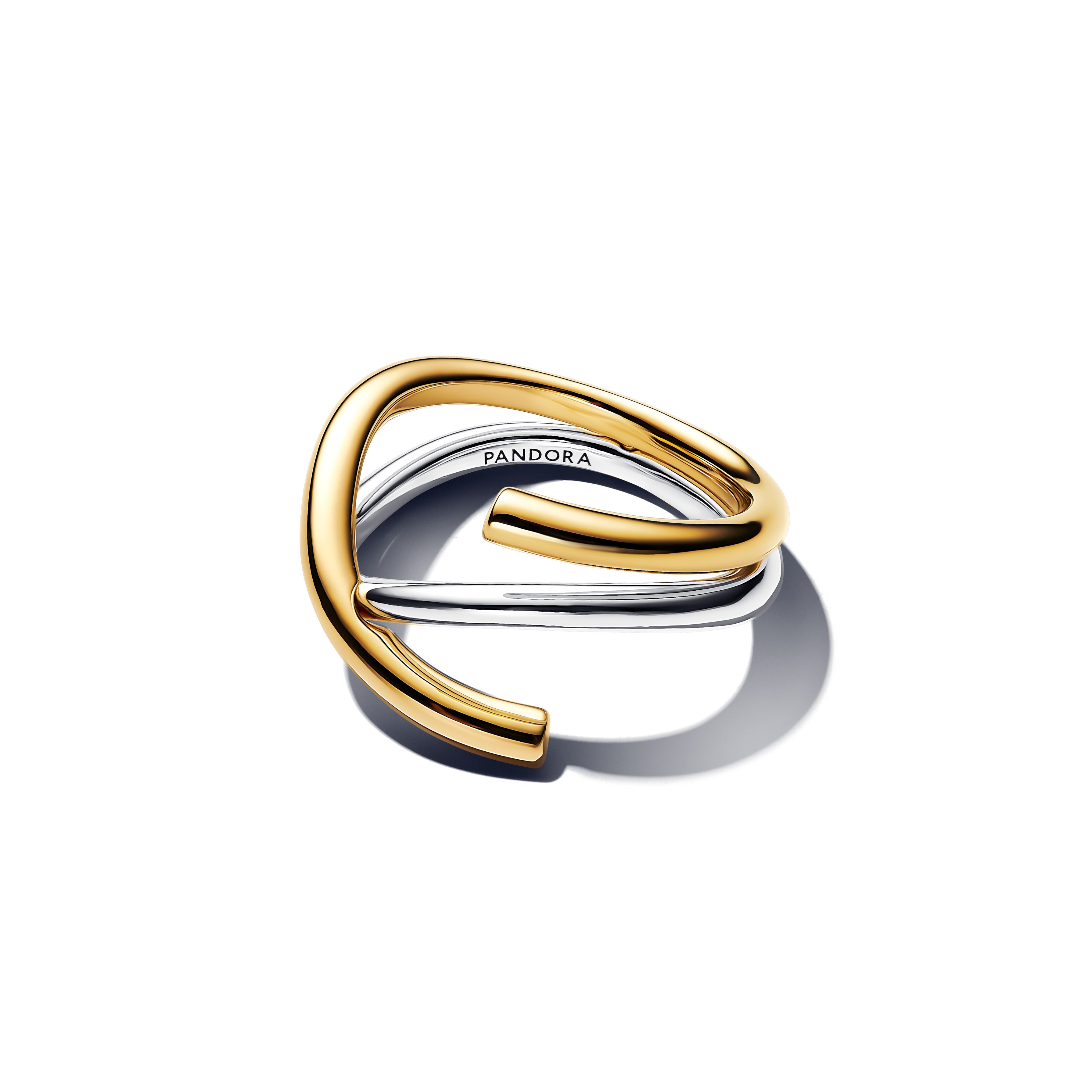 PANDORA Organically Shaped Two-tone Double Ring 14K Gold Plated Unique Metal Blend Summer Rings Statement Ring Jewelry Gift