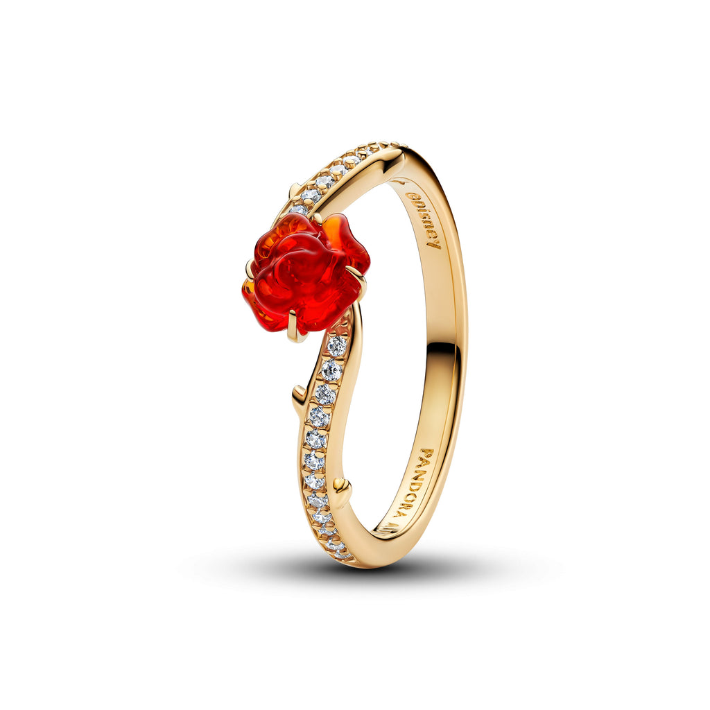 PANDORA Disney Beauty And The Beast Enchanted Rose Ring 14K Gold Plated Unique Metal Blend Disney X PANDORA Rings Statement Ring Jewelry Gift