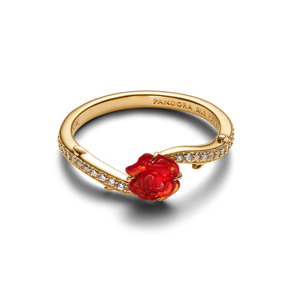PANDORA Disney Beauty And The Beast Enchanted Rose Ring 14K Gold Plated Unique Metal Blend Disney X PANDORA Rings Statement Ring Jewelry Gift