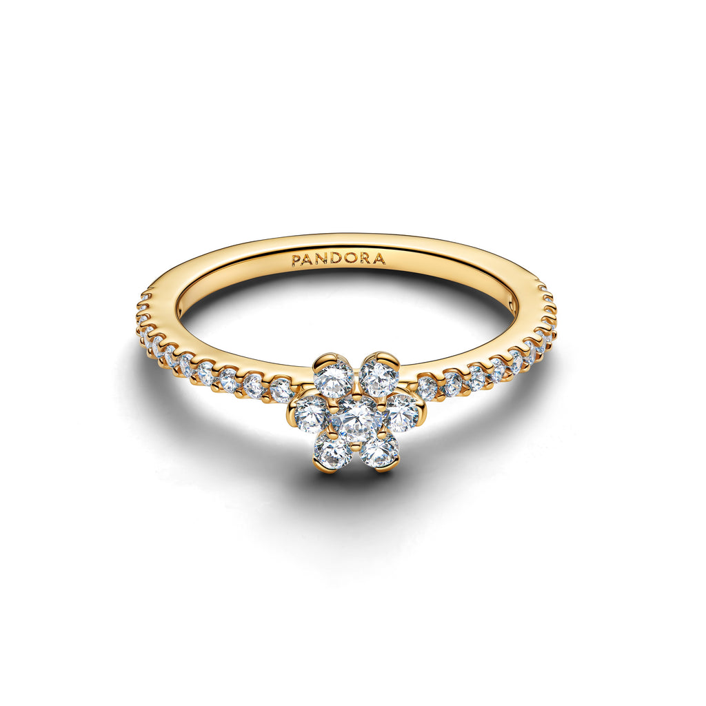 PANDORA Sparkling Flower Ring 14K Gold Plated Unique Metal Blend Flowers Rings Statement Ring Jewelry Gift