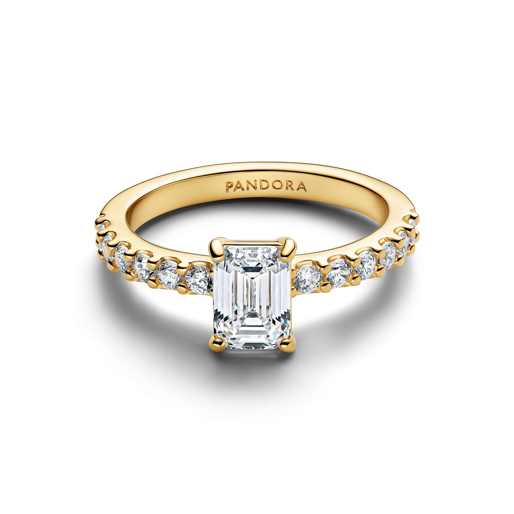 PANDORA Rectangular Sparkling Halo Ring 14K Gold Plated Unique Metal Blend Stones Rings Statement Ring Jewelry Gift