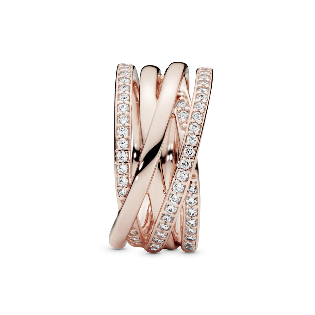 PANDORA Sparkling And Polished Lines Ring 14K Rose Gold Plated Unique Metal Blend Weddings Rings Statement Ring Jewelry Gift