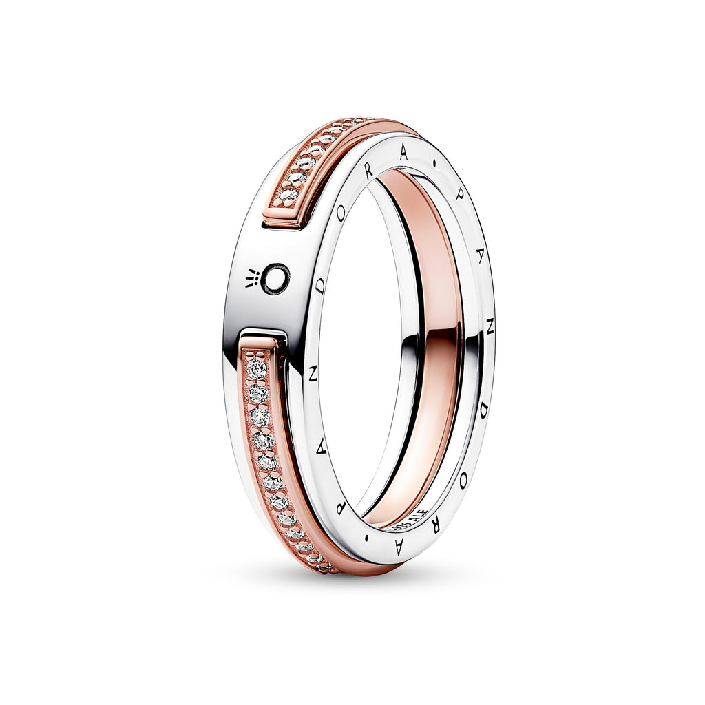 PANDORA Signature Two-tone Logo And Pavé Ring 14K Rose Gold Plated Unique Metal Blend Rings Statement Ring Jewelry Gift