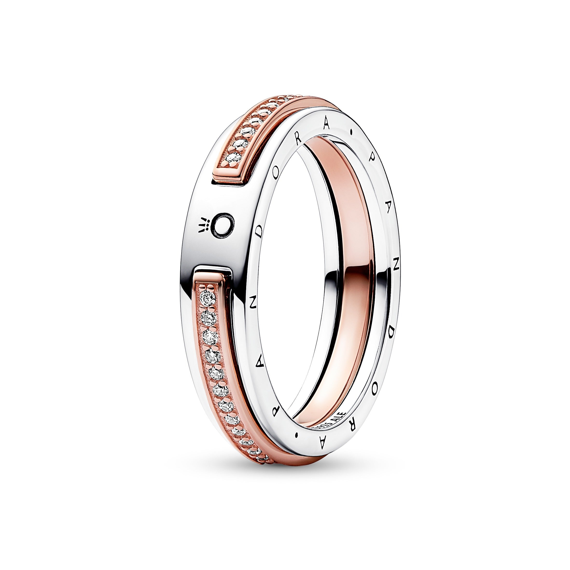 PANDORA Signature Two-tone Logo And Pavé Ring 14K Rose Gold Plated Unique Metal Blend Rings Statement Ring Jewelry Gift