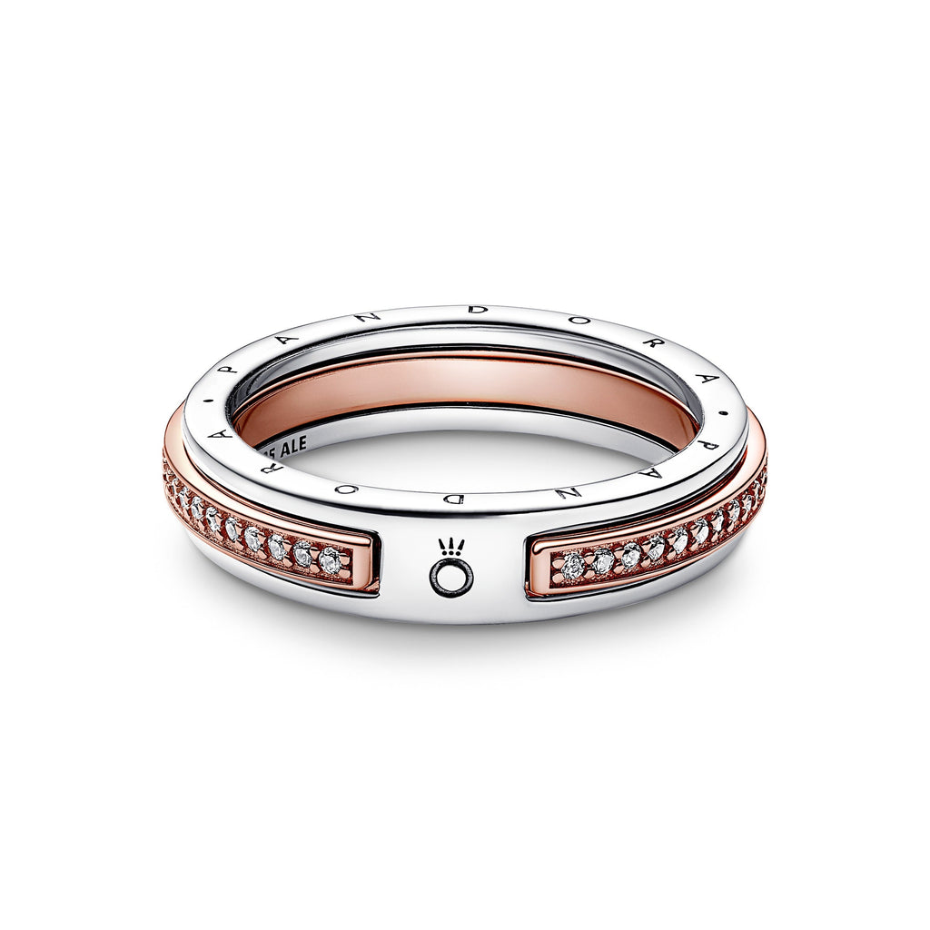 PANDORA Signature Two-tone Logo And Pavé Ring 14K Rose Gold Plated Unique Metal Blend Rings Statement Ring Jewelry Gift