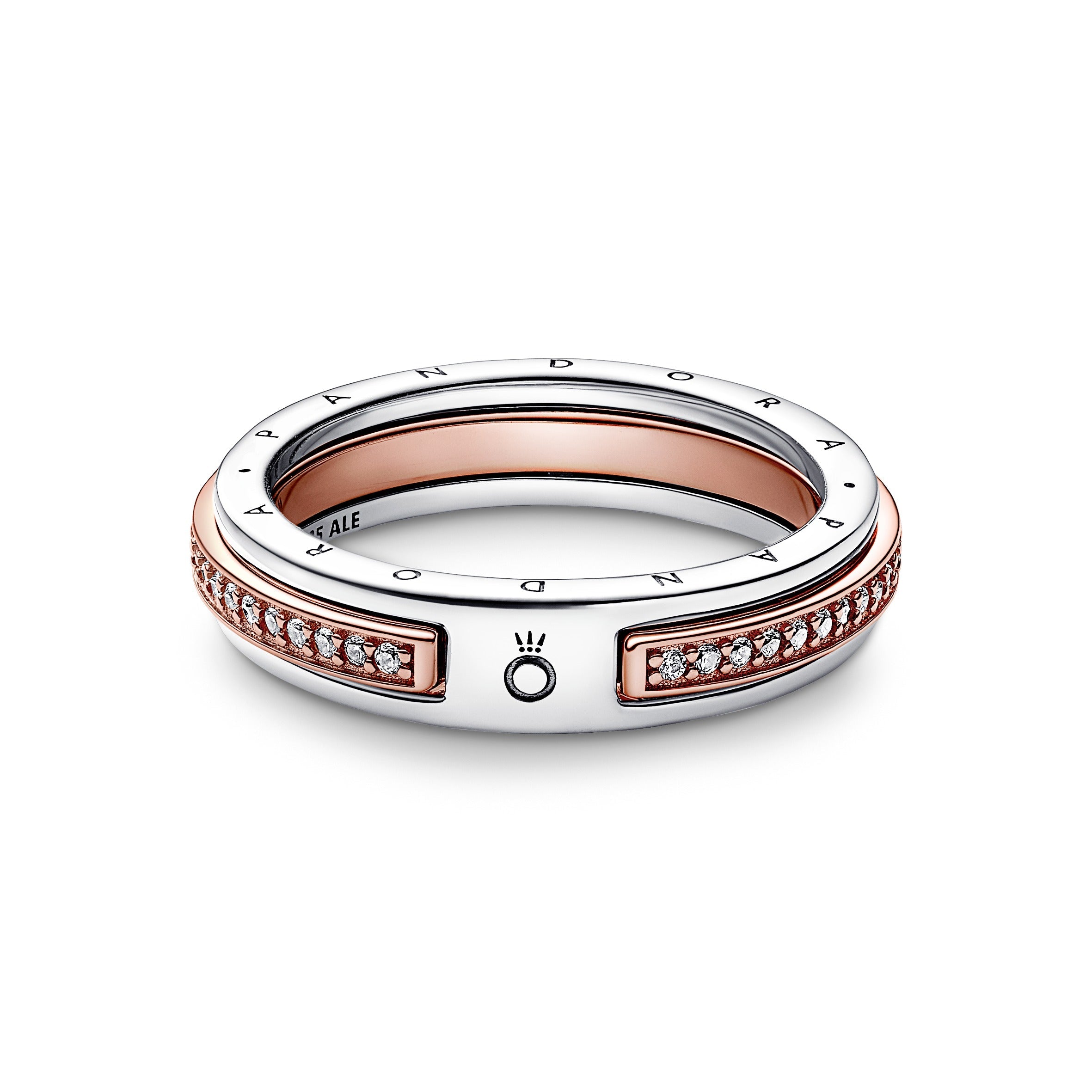 PANDORA Signature Two-tone Logo And Pavé Ring 14K Rose Gold Plated Unique Metal Blend Rings Statement Ring Jewelry Gift