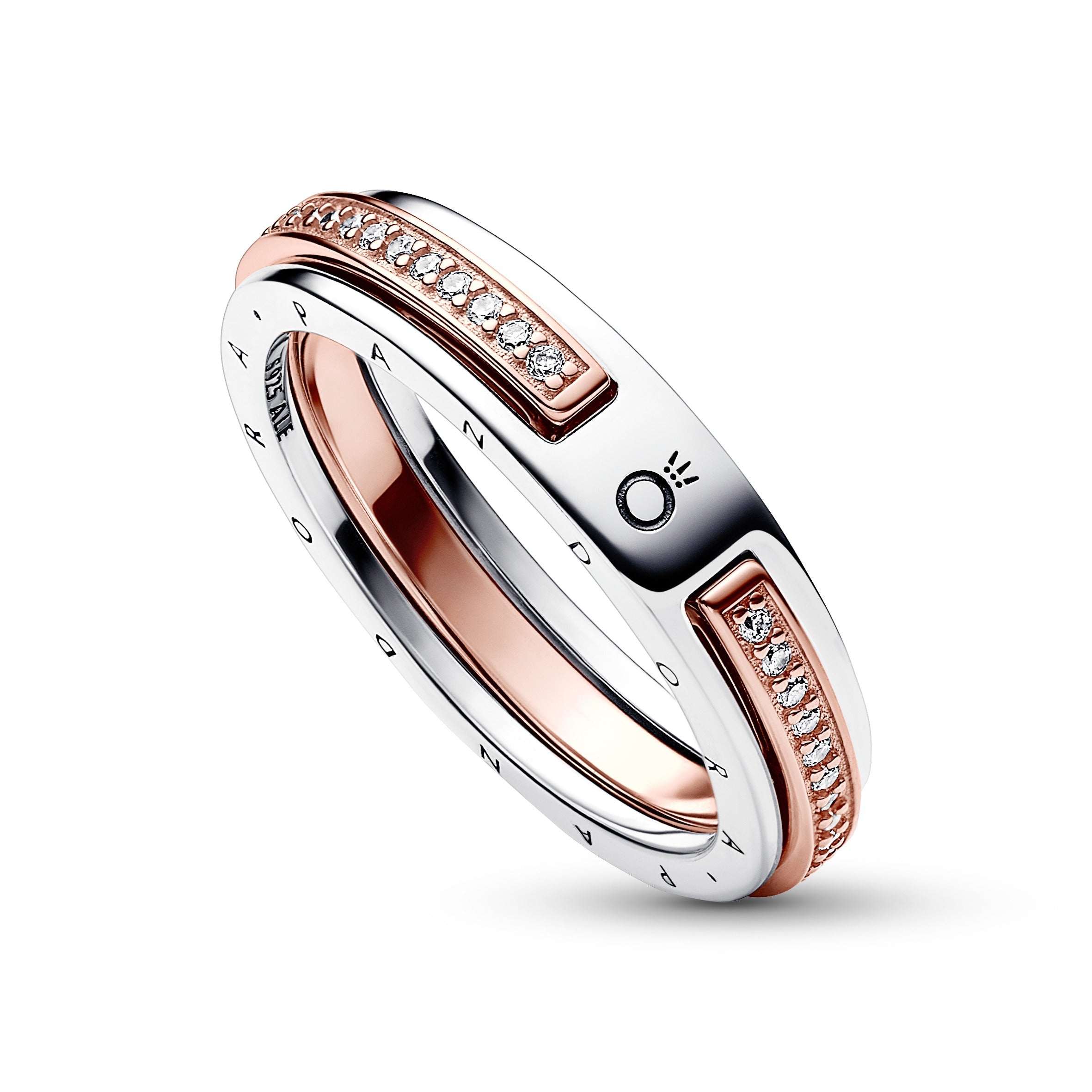 PANDORA Signature Two-tone Logo And Pavé Ring 14K Rose Gold Plated Unique Metal Blend Rings Statement Ring Jewelry Gift