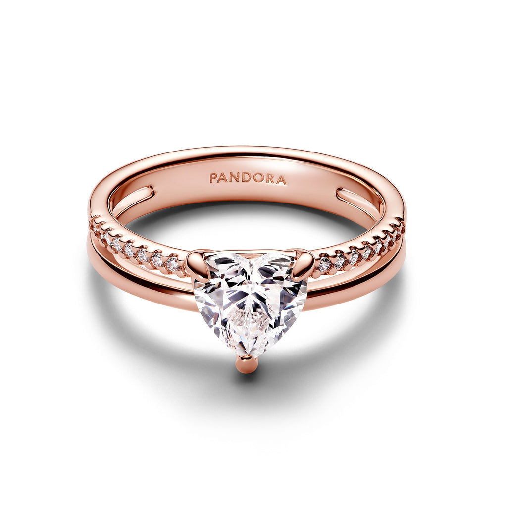 PANDORA Double Band Heart Ring 14K Rose Gold Plated Unique Metal Blend Rings Statement Ring Jewelry Gift