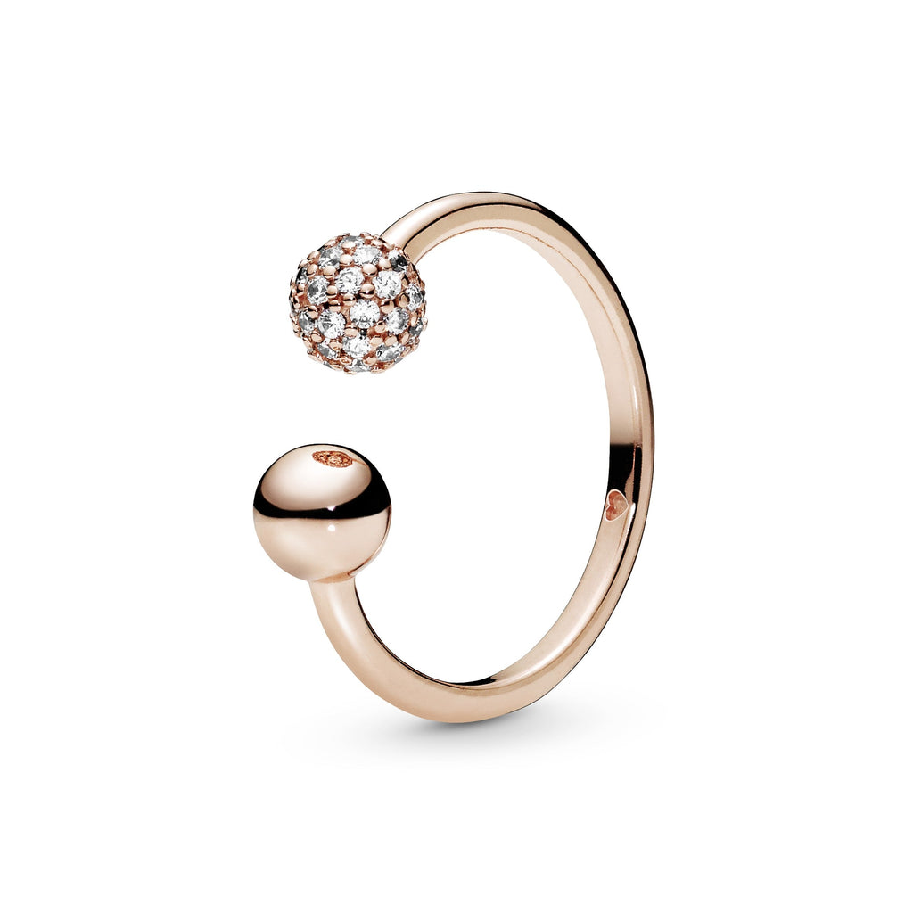 PANDORA Polished And Pavé Bead Open Ring 14K Rose Gold Plated Unique Metal Blend Rings Statement Ring Jewelry Gift