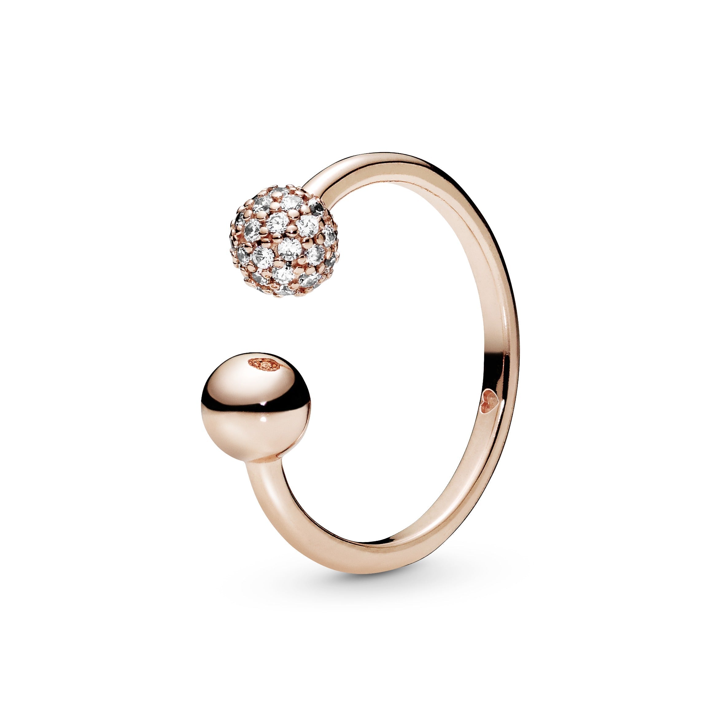 PANDORA Polished And Pavé Bead Open Ring 14K Rose Gold Plated Unique Metal Blend Rings Statement Ring Jewelry Gift