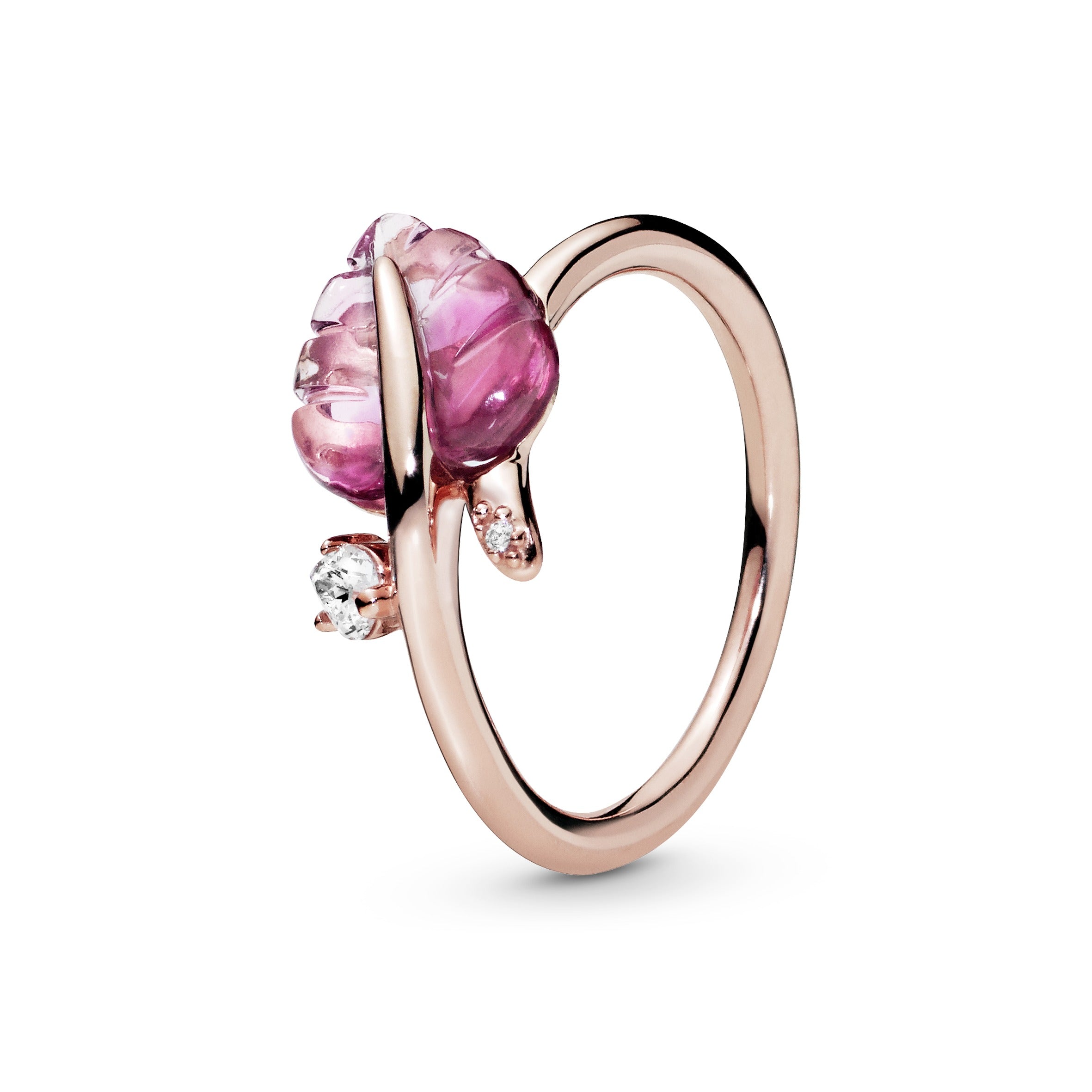 PANDORA Pink Murano Glass Leaf Ring 14K Rose Gold Plated Unique Metal Blend Nature Rings Statement Ring Jewelry Gift