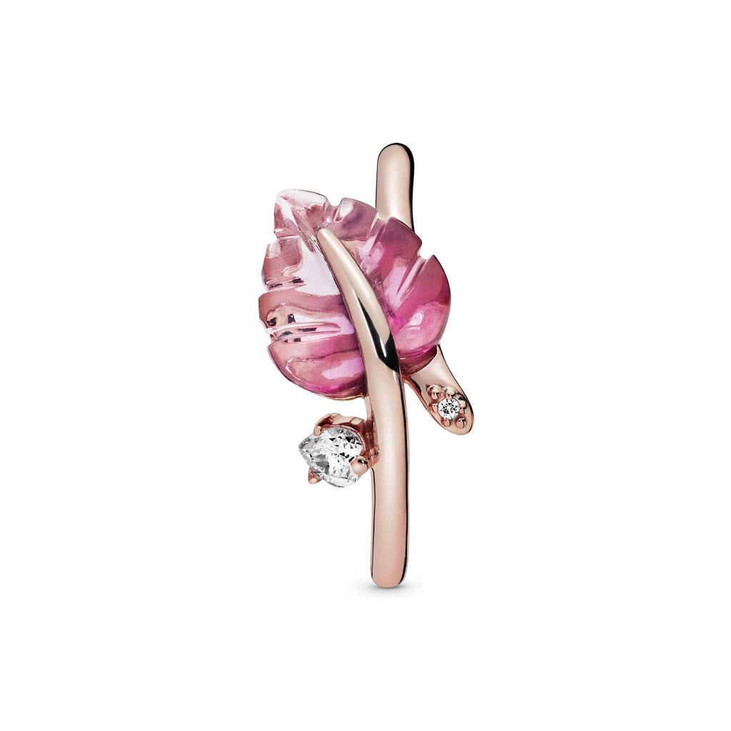 PANDORA Pink Murano Glass Leaf Ring 14K Rose Gold Plated Unique Metal Blend Nature Rings Statement Ring Jewelry Gift