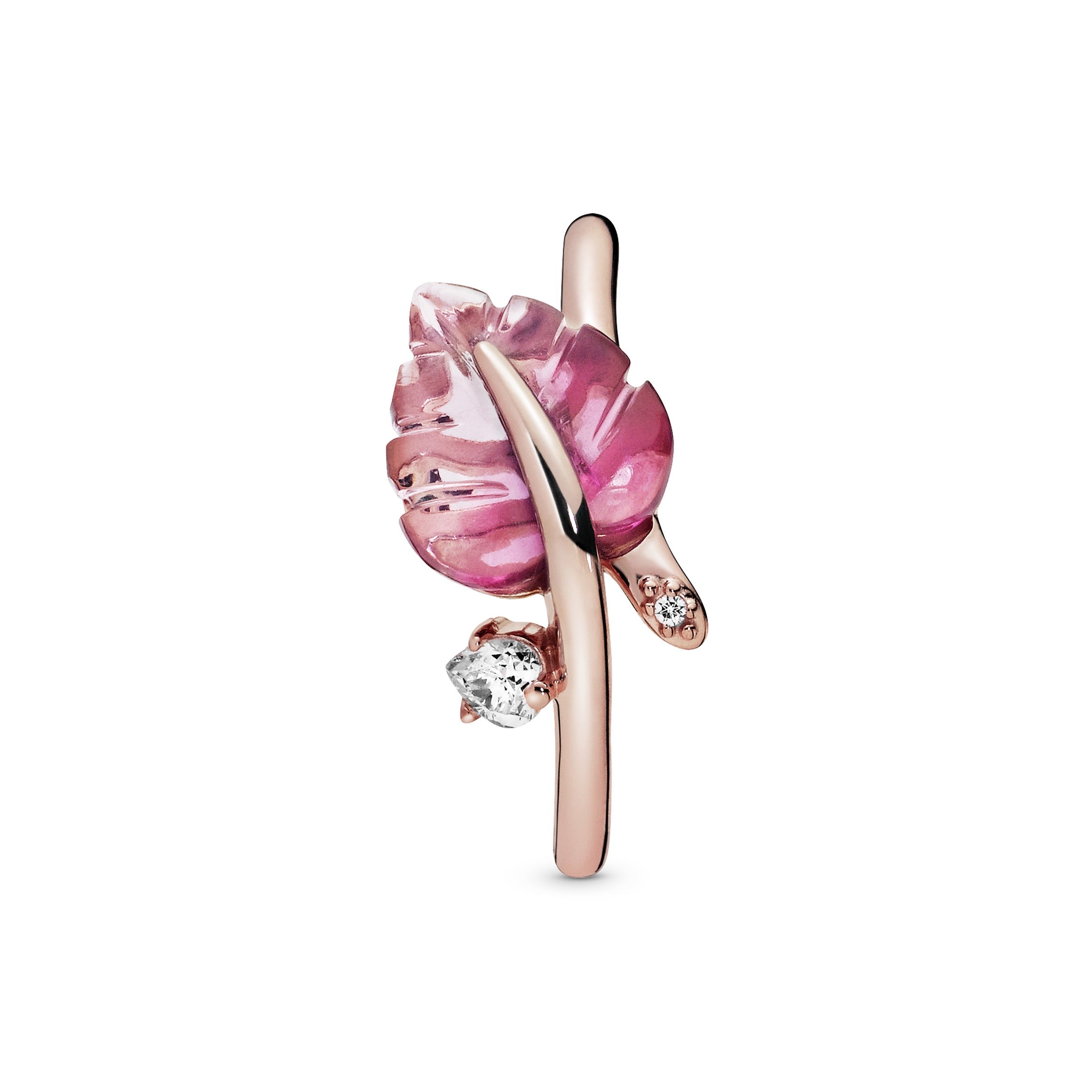 PANDORA Pink Murano Glass Leaf Ring 14K Rose Gold Plated Unique Metal Blend Nature Rings Statement Ring Jewelry Gift