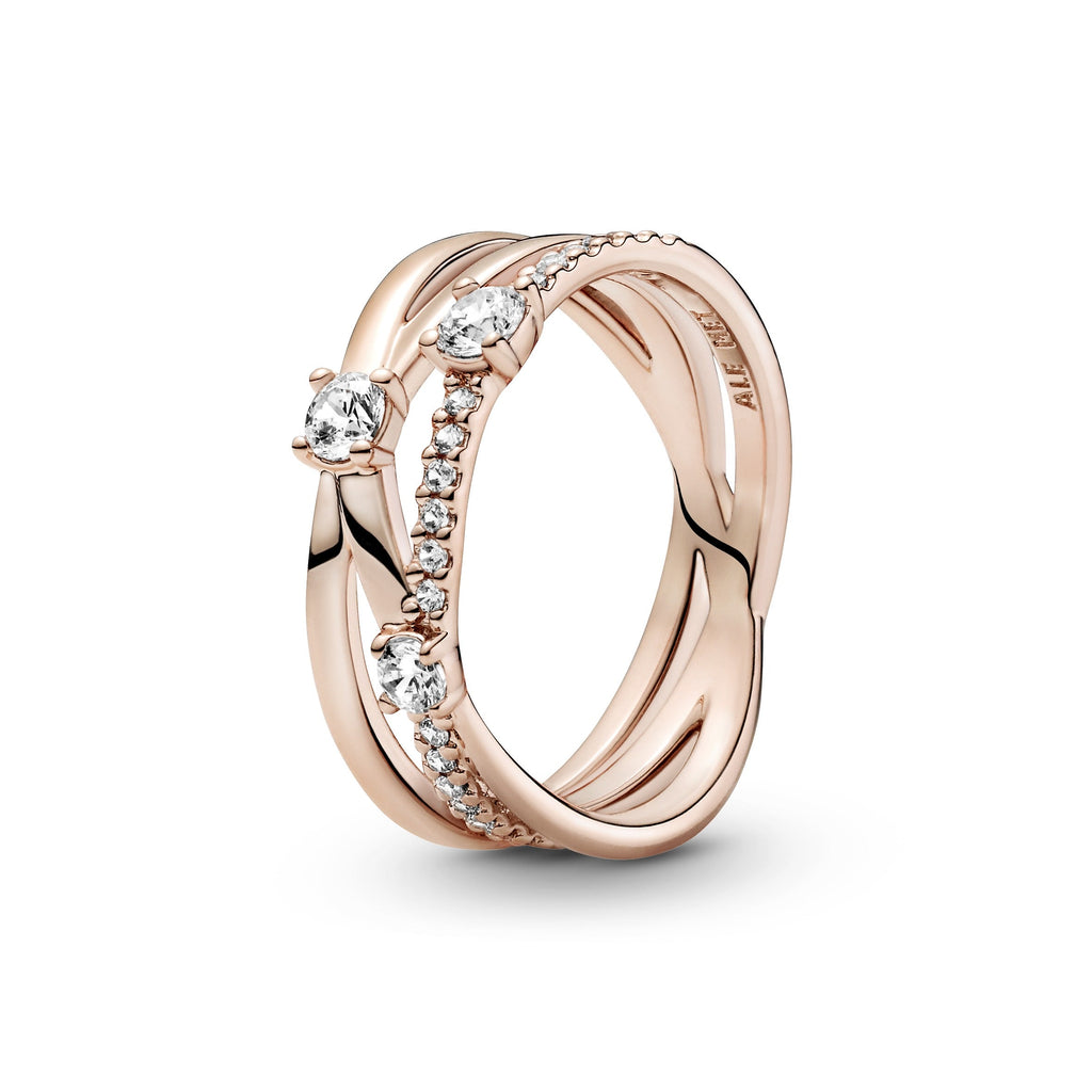 PANDORA Sparkling Triple Band Ring 14K Rose Gold Plated Unique Metal Blend Weddings Rings Statement Ring Jewelry Gift