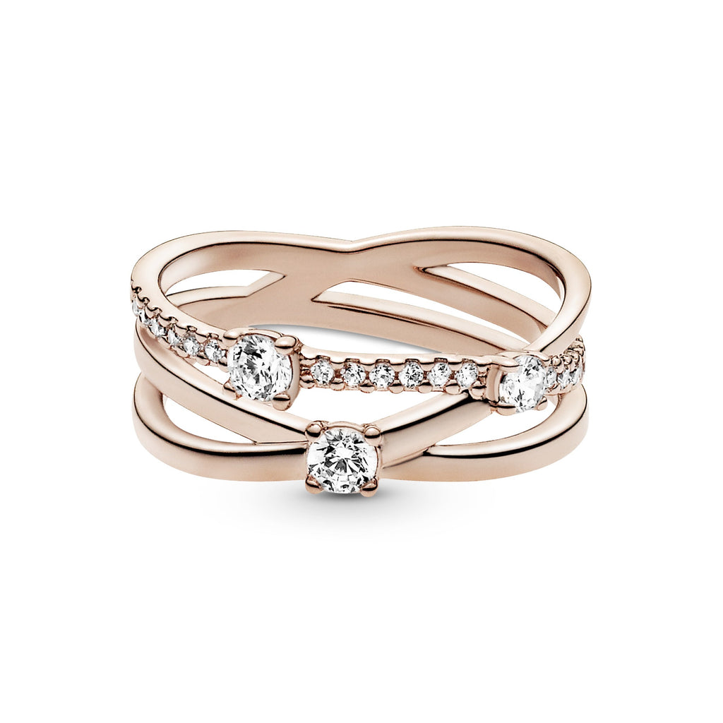 PANDORA Sparkling Triple Band Ring 14K Rose Gold Plated Unique Metal Blend Weddings Rings Statement Ring Jewelry Gift