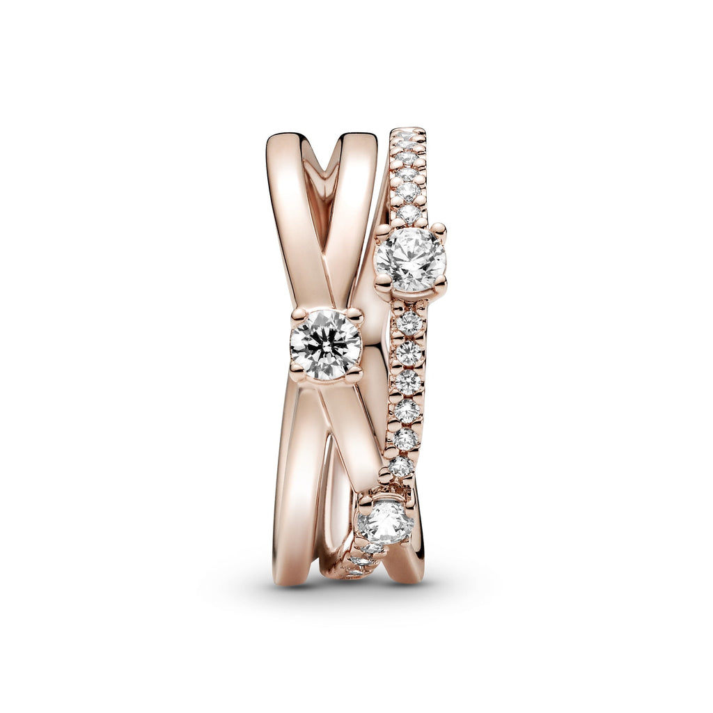 PANDORA Sparkling Triple Band Ring 14K Rose Gold Plated Unique Metal Blend Weddings Rings Statement Ring Jewelry Gift