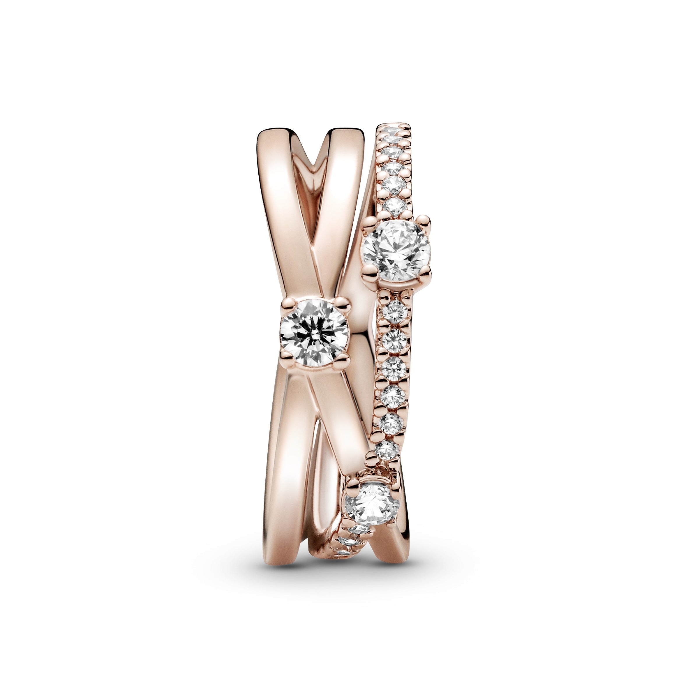 PANDORA Sparkling Triple Band Ring 14K Rose Gold Plated Unique Metal Blend Weddings Rings Statement Ring Jewelry Gift