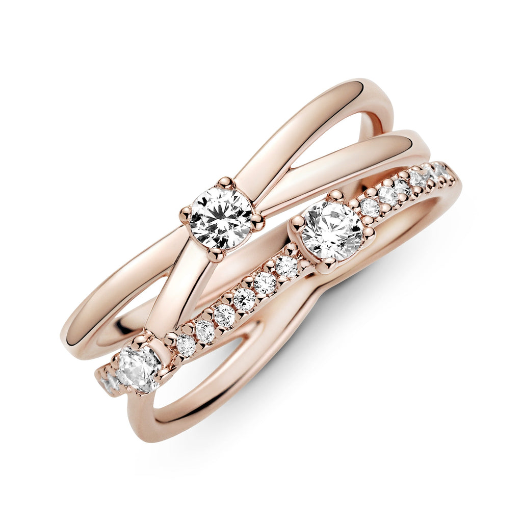 PANDORA Sparkling Triple Band Ring 14K Rose Gold Plated Unique Metal Blend Weddings Rings Statement Ring Jewelry Gift