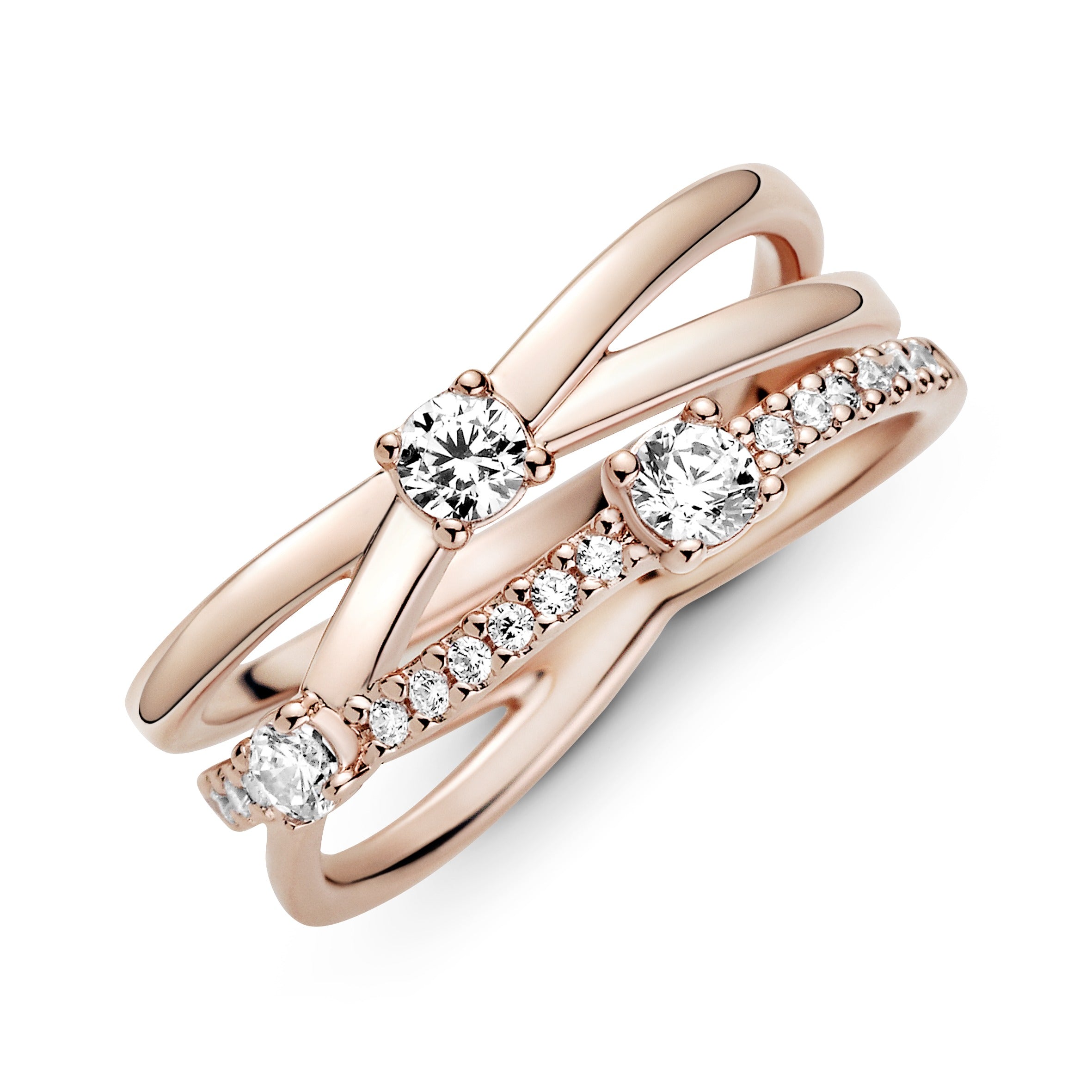PANDORA Sparkling Triple Band Ring 14K Rose Gold Plated Unique Metal Blend Weddings Rings Statement Ring Jewelry Gift