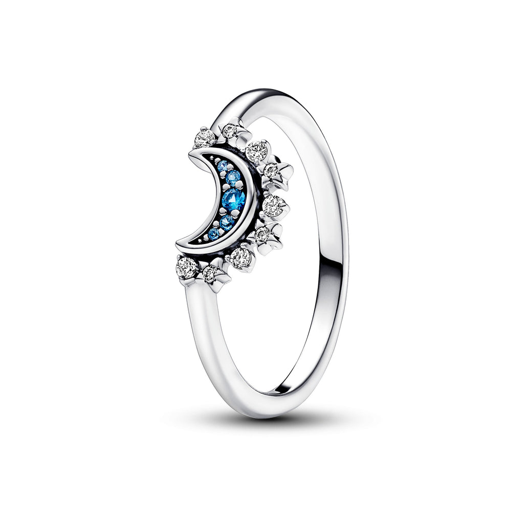 PANDORA Celestial Blue Sparkling Moon Ring Sterling Silver Rings Statement Ring Jewelry Gift