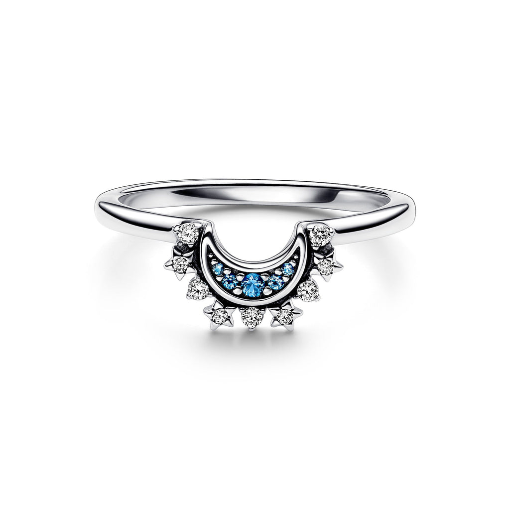 PANDORA Celestial Blue Sparkling Moon Ring Sterling Silver Rings Statement Ring Jewelry Gift
