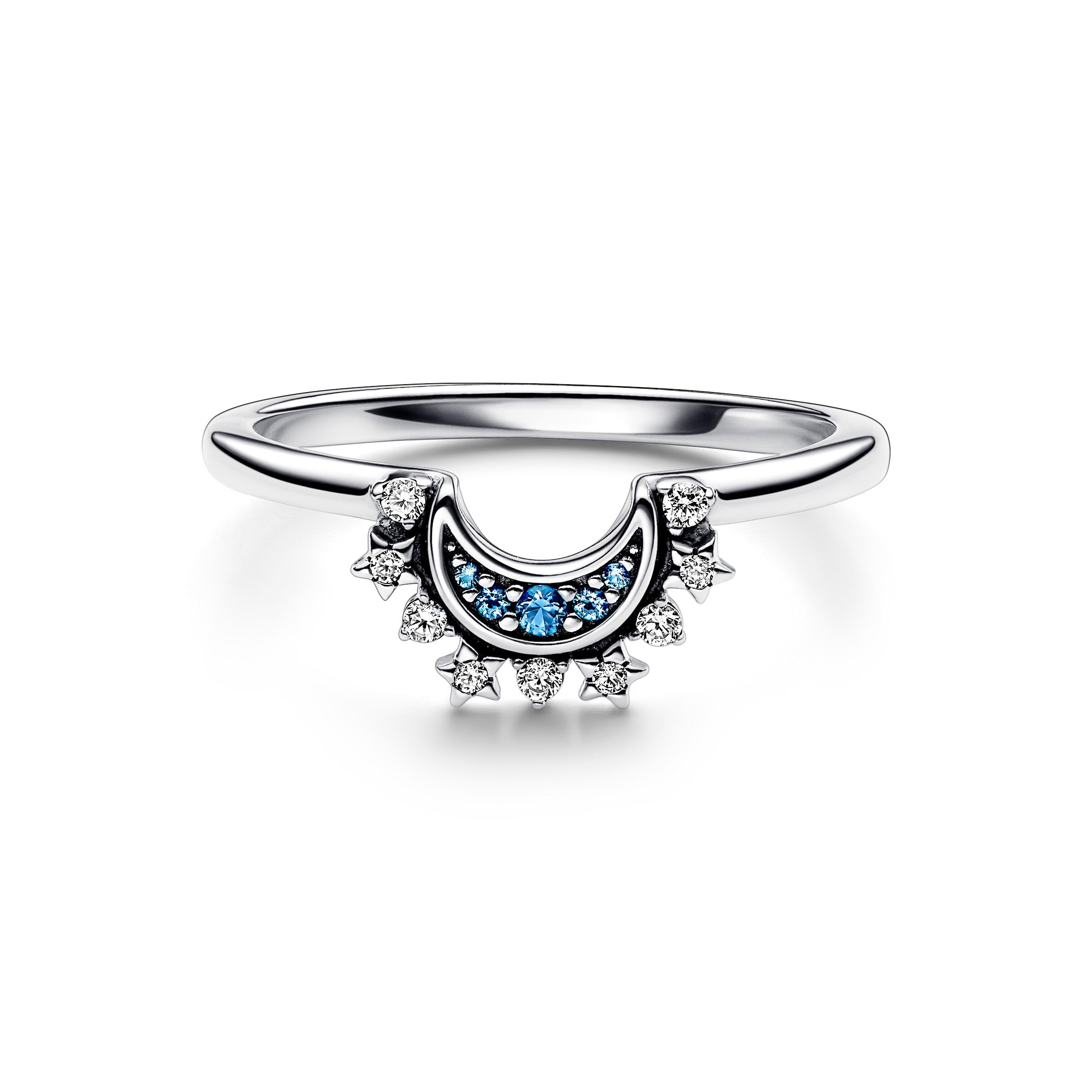 PANDORA Celestial Blue Sparkling Moon Ring Sterling Silver Rings Statement Ring Jewelry Gift