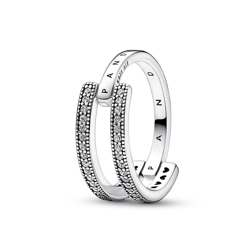 PANDORA Signature Logo And Pavé Double Band Ring Cubic Zirconia Silver Weddings Rings Statement Ring Jewelry Gift