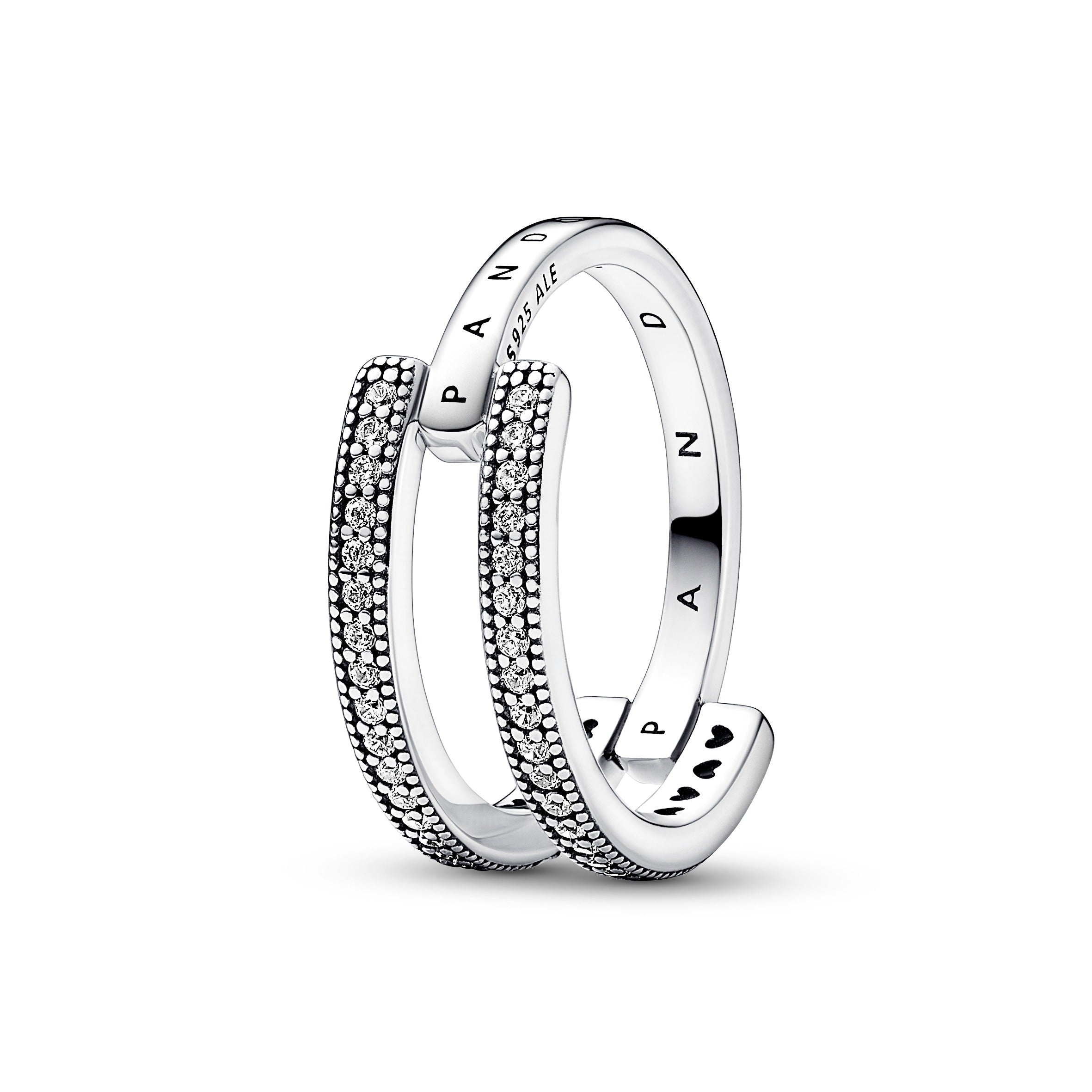 PANDORA Signature Logo And Pavé Double Band Ring Cubic Zirconia Silver Weddings Rings Statement Ring Jewelry Gift